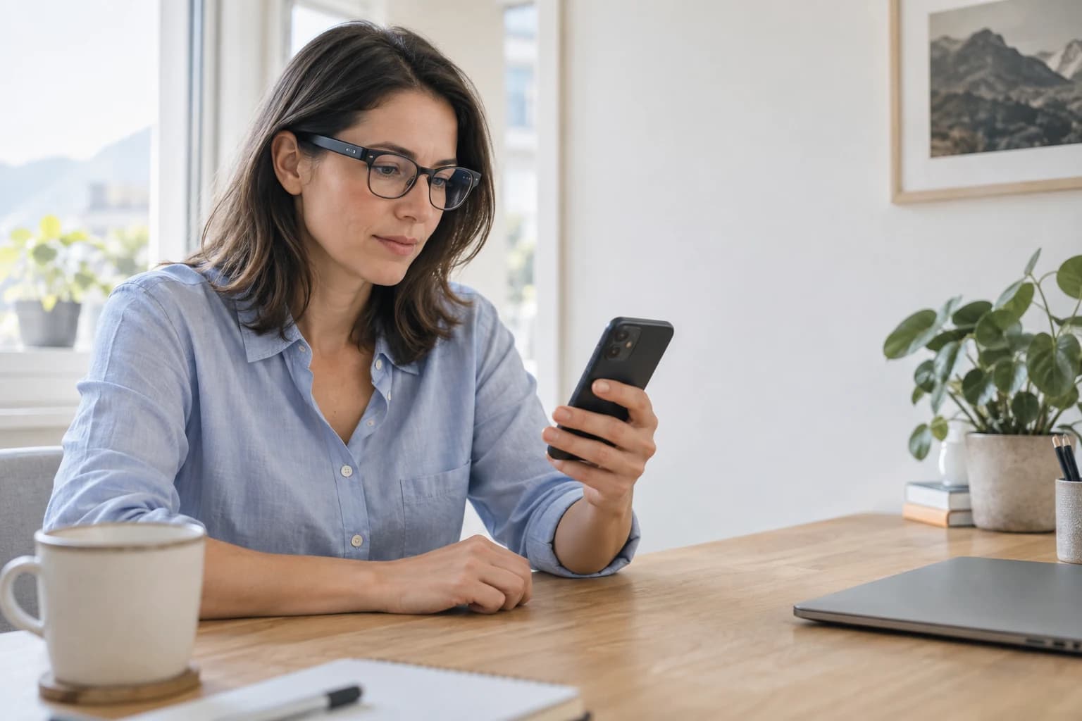 Eine Frau mit Smart Glasses prüft ihr Smartphone am Schreibtisch.