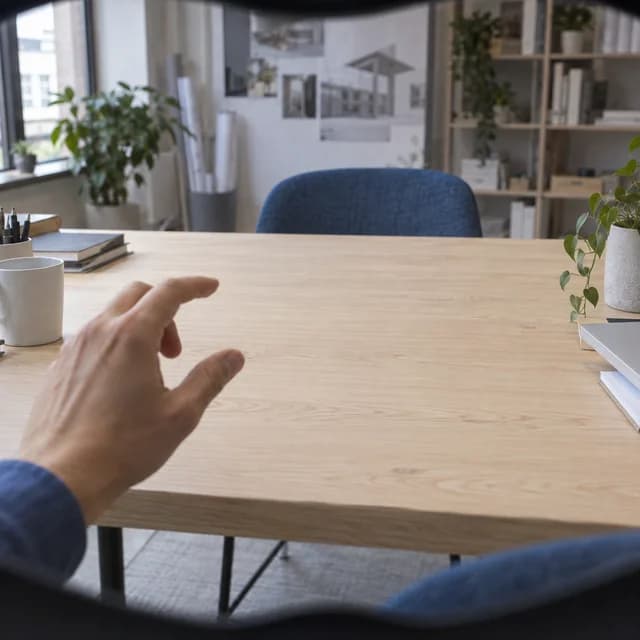 Blick durch ein Headset auf einen Tisch mit Handgeste und illustriertem räumlichem Modell.
