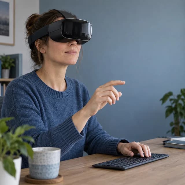 Eine Frau mit generischem Spatial-Headset bedient eine Tastatur und führt eine Handgeste aus.